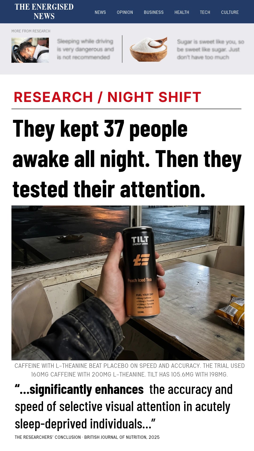 A hand holding a can of TILT Peach Iced Tea in a crib room at night