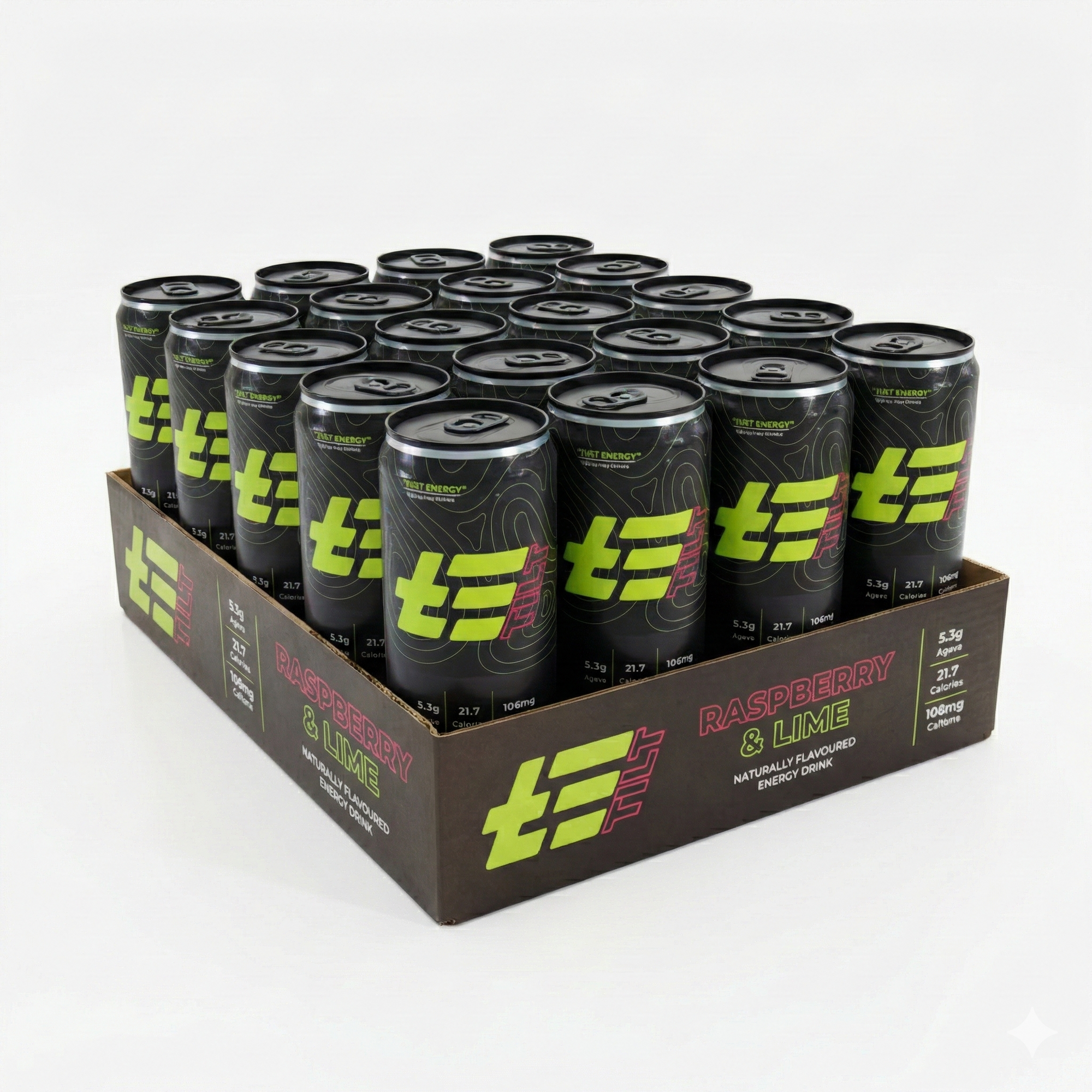 Case of energy drinks with visible branding on a white background