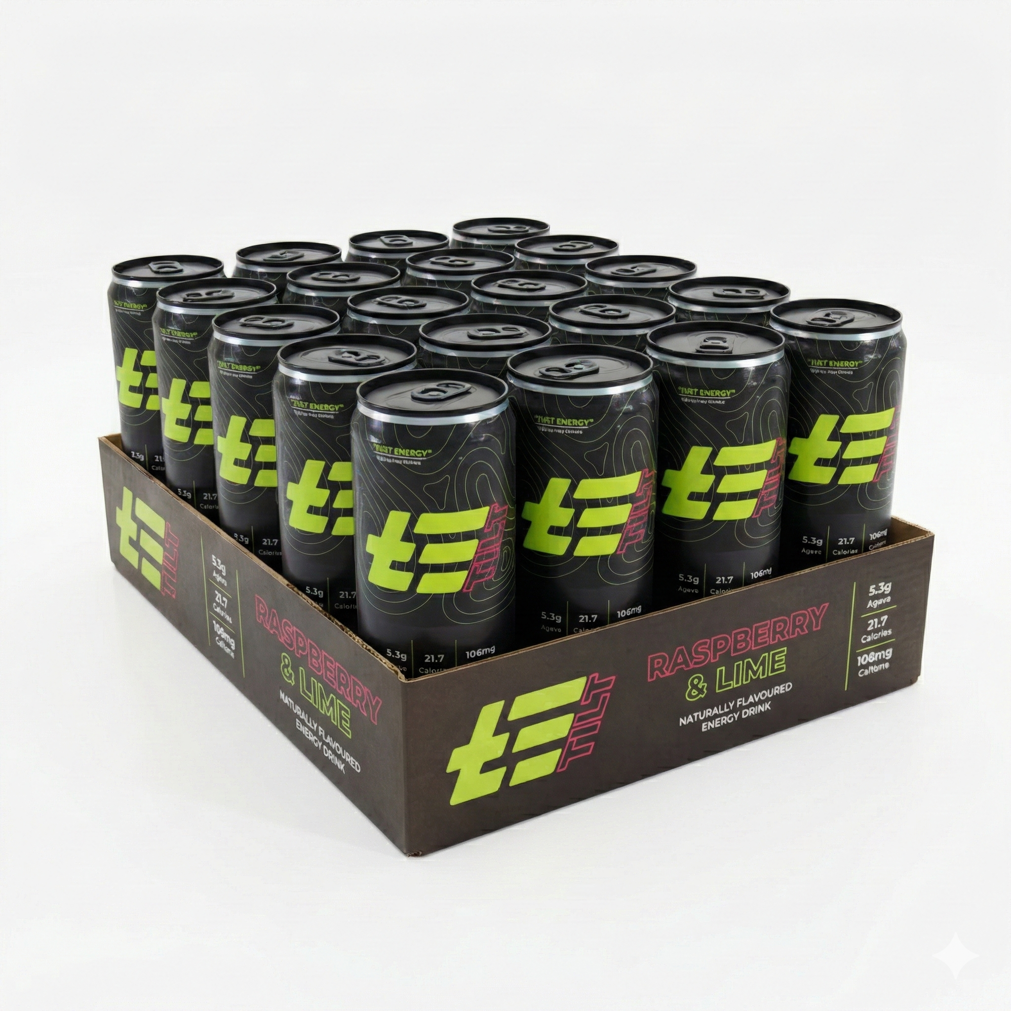Case of energy drinks with visible branding on a white background