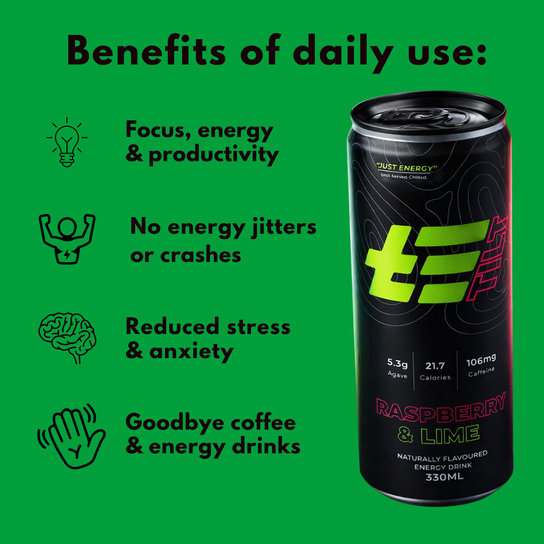 Energy drink can with benefits listed on a green background