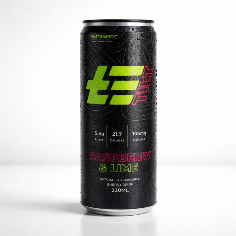 Black energy drink can with green and red text on a white background