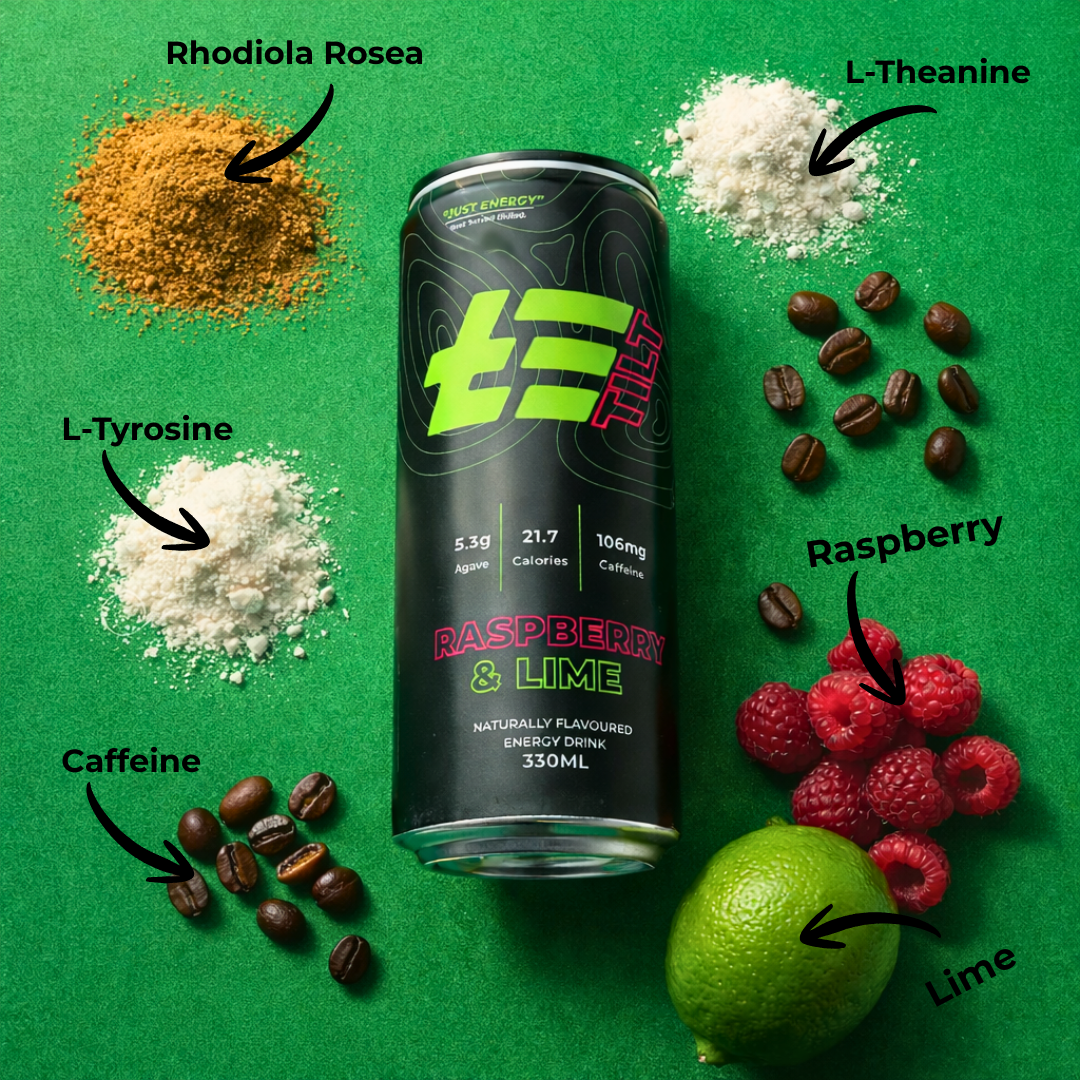 Energy drink can with ingredients labeled on a green background