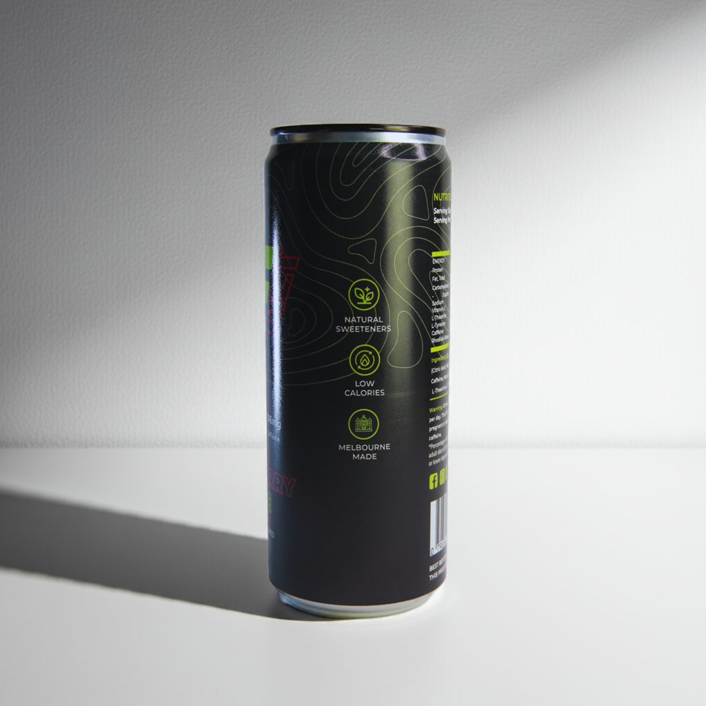 Black can with green text and symbols on a gray background