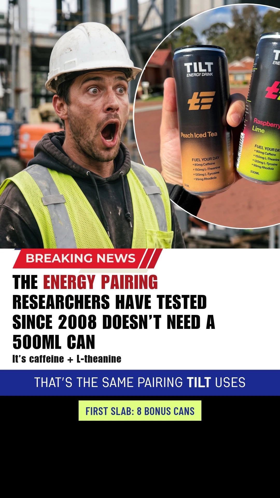 A shocked worker in a hard hat next to two cans of TILT